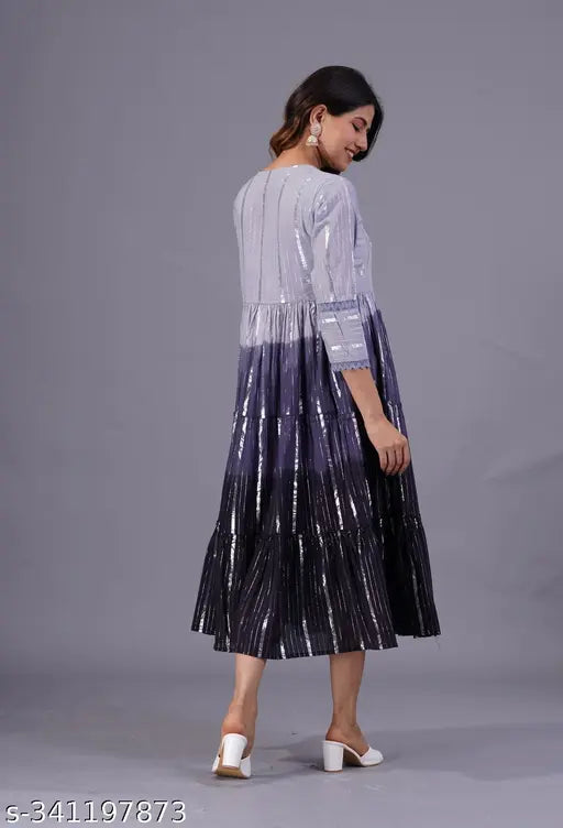 Women's black cotton lurex ombre dyed Anarkali gown, three-quarter sleeves, hand-worked yoke detail on display