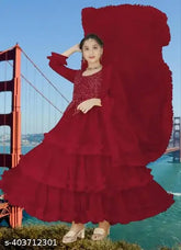 Embellished net party gown for kids, trendy fashion with short sleeves, size 5-16 years, made in India
