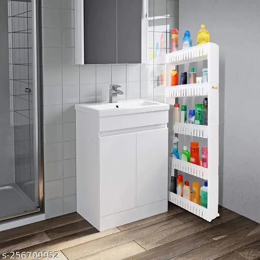 Plastic 5-layer kitchen organizer with wheels, ideal for home, bedroom, bathroom storage. Adjustable trays for sorting beverages and oils." (104 characters)