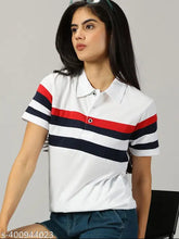 White cotton blend striped half-sleeve polo t-shirt for women, perfect for casual wear with versatile styling options