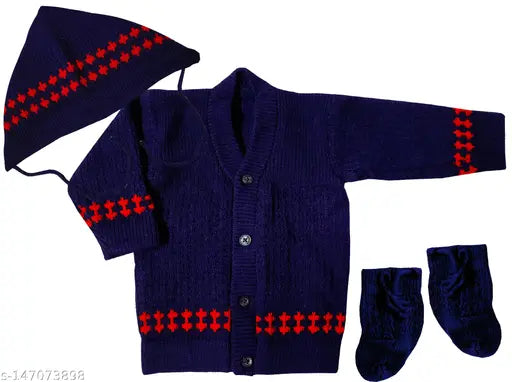 Woolen unisex baby sweater, long sleeve, embroidered net design. Soft, warm clothing for newborns (0-3M, 6-9M). Indian origin