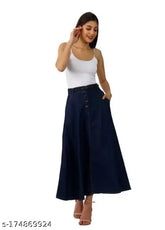Blue solid denim A-line skirt, available in sizes 26 to 44. Made in India