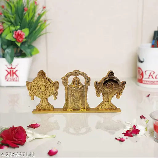 Gold-plated antique Tirupati Balaji figurine stand with Shankh Chakra, Indian religious decor for home or office table showpiece