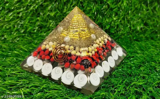 Natural Orgone Gomti Chakra Shree Yantra Pyramid with Red & White Chirmi Seeds and Black Tourmaline Hanger - Feng Shui showpiece for wealth, prosperity, success from India