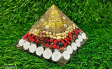 Natural Orgone Gomti Chakra Shree Yantra Pyramid with Red & White Chirmi Seeds and Black Tourmaline Hanger - Feng Shui showpiece for wealth, prosperity, success from India