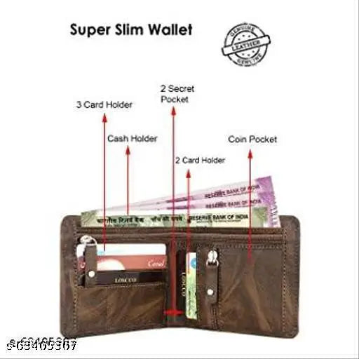 Brown PU leather wallet with 3 compartments, matte finish, and stitching detail - Royal Craft Men's accessory