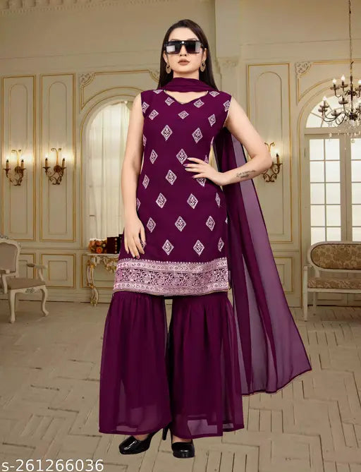 Georgette Purple Sequin Embroidered Women's Sharara Salwar Suit Set - Indian designer outfit for weddings and festivals