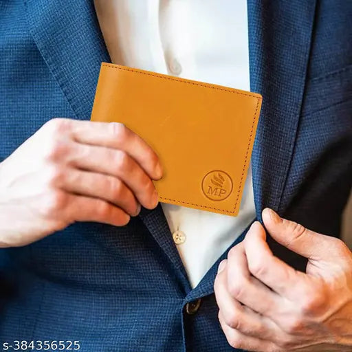 Yellow genuine leather wallet for men, 5 card slots, casual to formal, travel-friendly