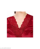 Elegant pink satin nightwear with lace sleeves - comfortable, stylish sleepwear for women. Soft, cozy lace nightgown with trendy loungewear design, perfect for relaxation or lounging. Made in India