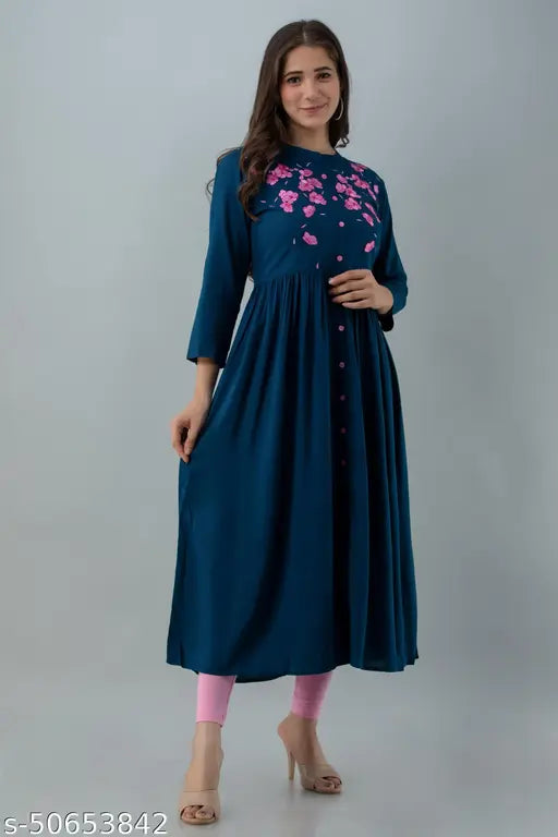 Rayon embroidered kurta by Veer SA Fashion, three-quarter sleeves, stylish Indian fashion for S-XXL