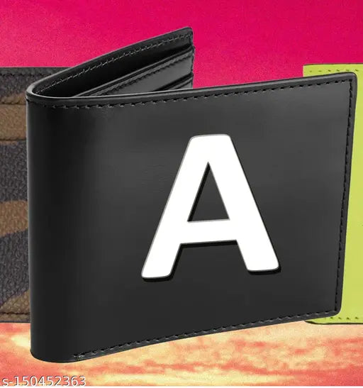 Stylish print alphabet name letter black wallet PU, 2 compartments, free size (22cm x 5cm), India origin