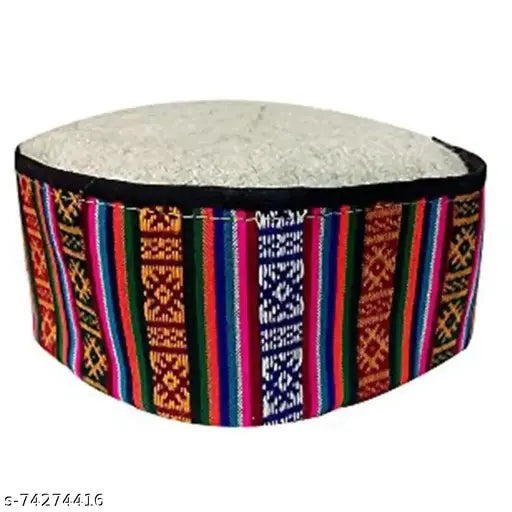 Woolen Himachal cap, beautifully designed with vibrant border, traditional self-design skull cap from India