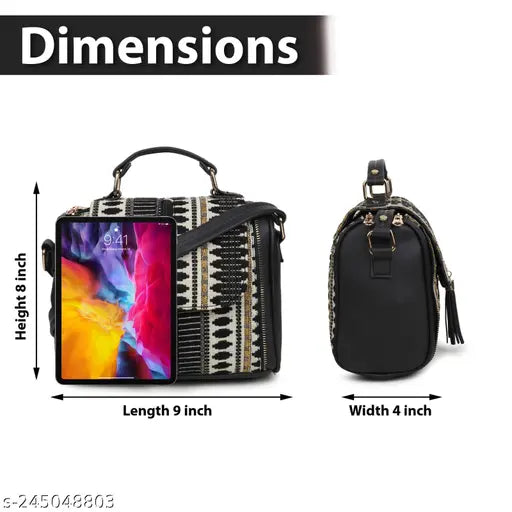 PU sling bag, adjustable strap, compact party wear for girls & women. Houndstooth print, free size (6in x 4in x 8in). Indian-made fashion accessory