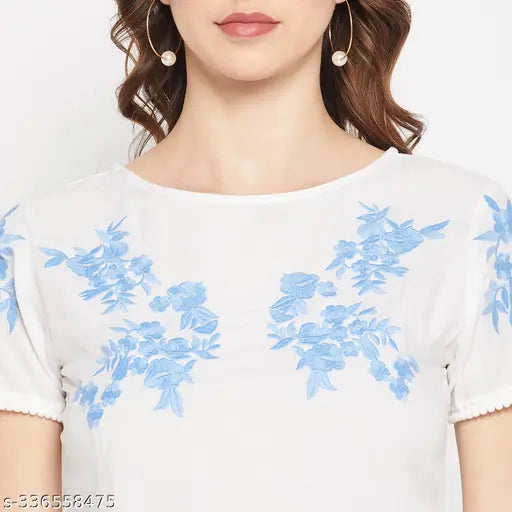Embroidered rayon top, white lace detailing on short sleeves and hem, women's size S-XXL