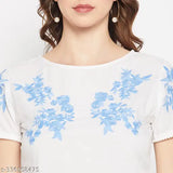 Embroidered rayon top, white lace detailing on short sleeves and hem, women's size S-XXL