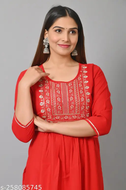 Rayon Naira Cut Kurti, embroidered with three-quarter sleeves, soft & durable Indian fashion