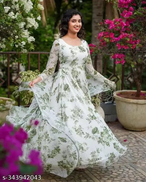 Green Georgette Chikankari Anarkali Kurta Set, Long Sleeves, Printed Pattern