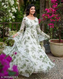 Green Georgette Chikankari Anarkali Kurta Set, Long Sleeves, Printed Pattern