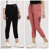 Cotton joggers and cargo pants combo pack in solid colors, ideal for girls and women, Indian origin