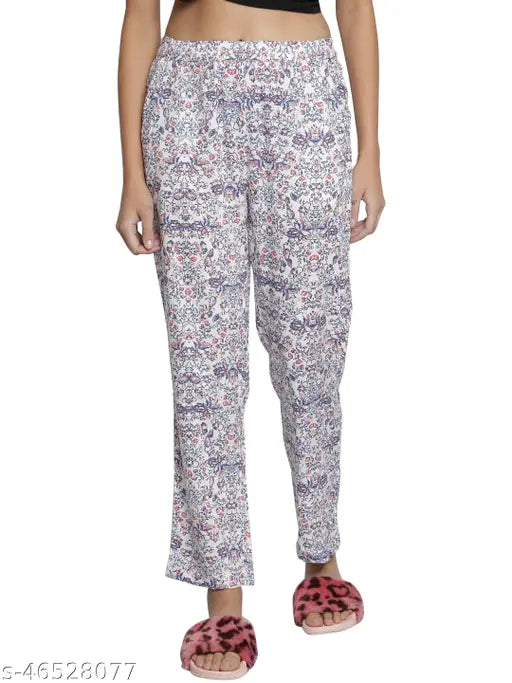Rayon floral white printed maxi pyjama, comfortable loungewear with pocket detail for women, India origin