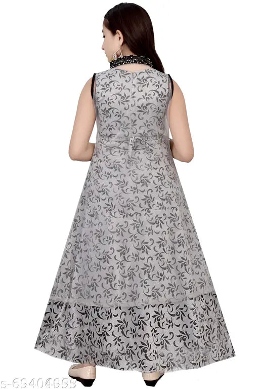 Silk sleeveless maxi dress for kids, printed net festive wedding gown. Comfortable and fashionable daily wear for kids, perfect for parties and occasions