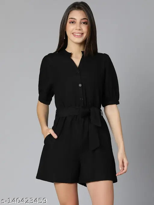Black cotton playsuit, solid pattern, v-neck, three-quarter sleeves, tie-knot belt, Linen Blend fabric, women's regular fit, India origin