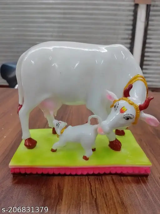 White marble Kamdhenu cow and calf statue, intricate detailing, home decor showpiece (6 inches high)