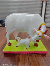 White marble Kamdhenu cow and calf statue, intricate detailing, home decor showpiece (6 inches high)