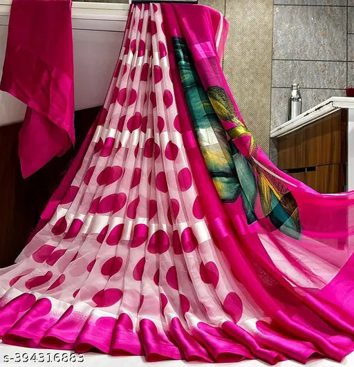 Georgette Satin patta-printed saree with blouse, free size, Indian handloom fashion accessory