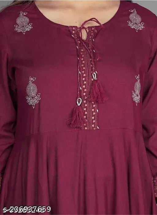 Maroon rayon gown with printed combo, three-quarter sleeves, India-made women's fashion