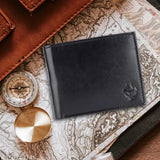 Black faux leather RFID wallet & pen combo for men, 8 card slots, regular size (India-made)