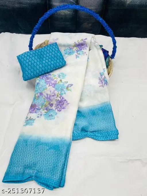 Indian Madhav NX Fancy Chiffon saree with printed net blouse, free size, ideal for casual, party, festive & wedding occasions