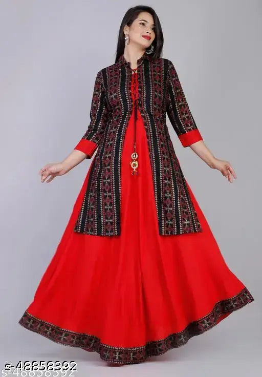 Rayon printed Anarkali Kurta & Jacket set, three-quarter sleeves, fontslit pattern, Indian designer wear with brooch detail on display