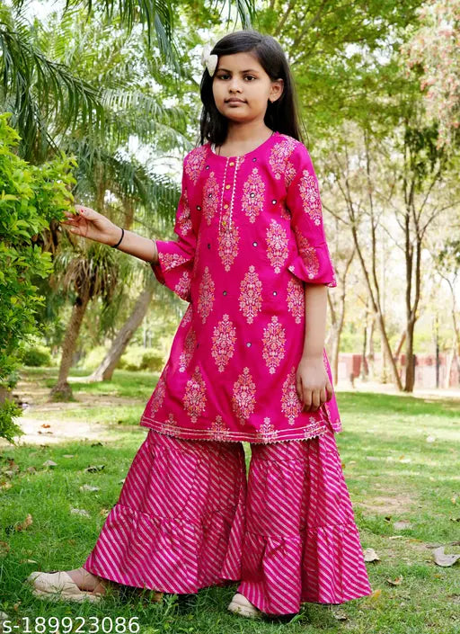 VNSAGAR Kids Kurta Set, rayon top & bottom with art silk dupatta, three-quarter sleeves, printed Indian kids outfit on display