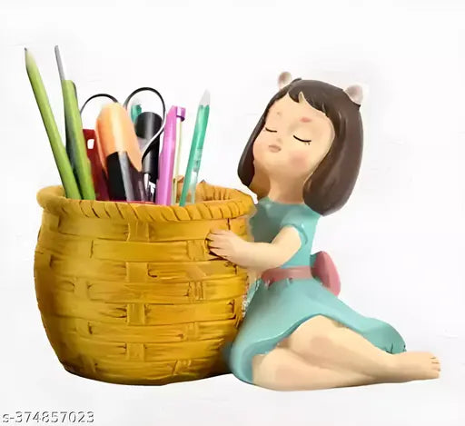 Multicolor dreaming girl resin figurine pencil holder/flower pot, 9cm (Khushi Enterprises). Decorative showpiece with yellow accents for home or office