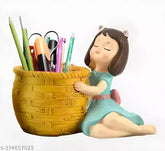 Multicolor dreaming girl resin figurine pencil holder/flower pot, 9cm (Khushi Enterprises). Decorative showpiece with yellow accents for home or office