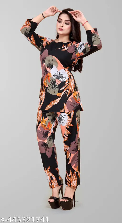Printed rayon nightsuit set with three-quarter sleeves, featuring two sizes M & L. Made in India