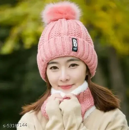 Soft pink wool beanie cap and scarf set, warm and airproof fleece, perfect for winter women's fashion