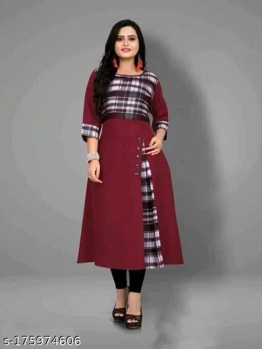 Maroon cotton checked kurti with three-quarter sleeves. Ideal for parties and outings. Made in India." (108 characters)