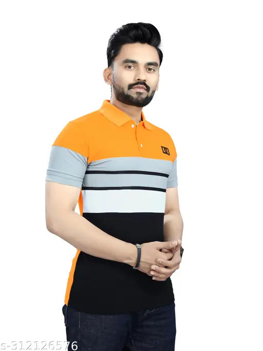 Striped cotton short-sleeve formal polo shirt for men, XXL size, India origin