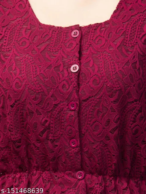 Long-sleeve lace peplum top with bishop sleeves, self-design floral pattern. M size: bust 36in, length 22in. Elegant Indian-made fashion wear