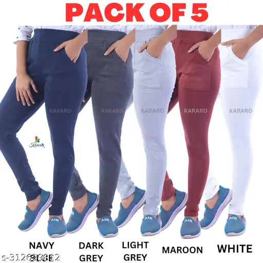 Stylish cotton-lycra all-over print jeggings (pack of 5), trendy and lightweight for women's fashion. Cotton Lycra RIB OE fabric from India