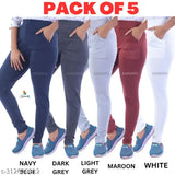 Stylish cotton-lycra all-over print jeggings (pack of 5), trendy and lightweight for women's fashion. Cotton Lycra RIB OE fabric from India