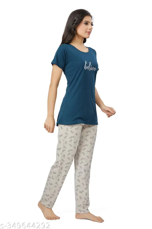 Red hosiery cotton printed regular fit women's night suit top & pyjama set for sleepwear, featuring feminine piping detail, India origin