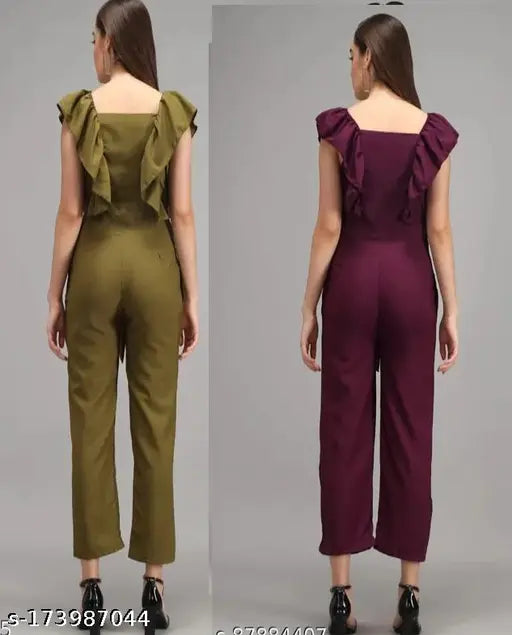 Purple-olive printed poly crepe sleeveless jumpsuit combo - versatile trendy clothing from India (S, M, L, XL)