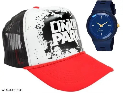 Red Linkin Park baseball cap combo with round dials and silicon strap, stylish casual formal and festive watch for men and boys (2-pack)