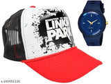 Red Linkin Park baseball cap combo with round dials and silicon strap, stylish casual formal and festive watch for men and boys (2-pack)