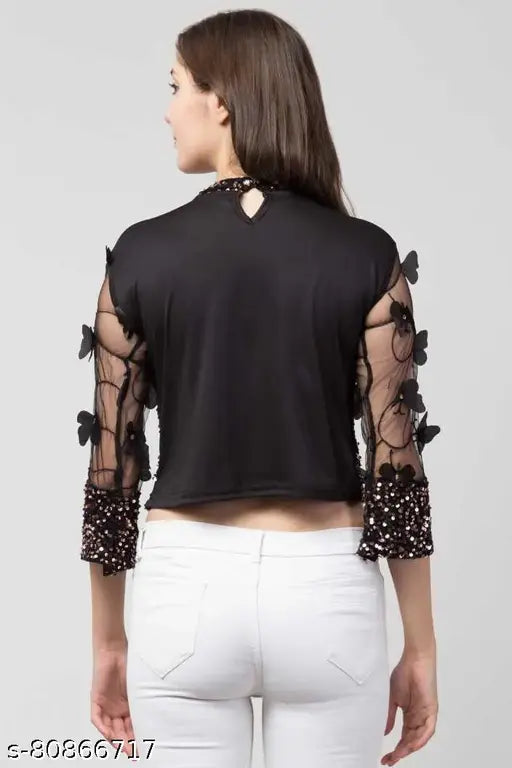 Brown cotton blend embellished sequin top with three-quarter sleeves, ideal for casual wear