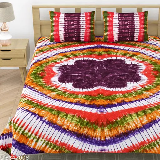 Jaipuri pure cotton spiral tie and dye double bed sheet with 2 stitched pillow covers - rich, multi-colored batik design for a soothing and elegant bedroom look