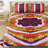 Jaipuri pure cotton spiral tie and dye double bed sheet with 2 stitched pillow covers - rich, multi-colored batik design for a soothing and elegant bedroom look
